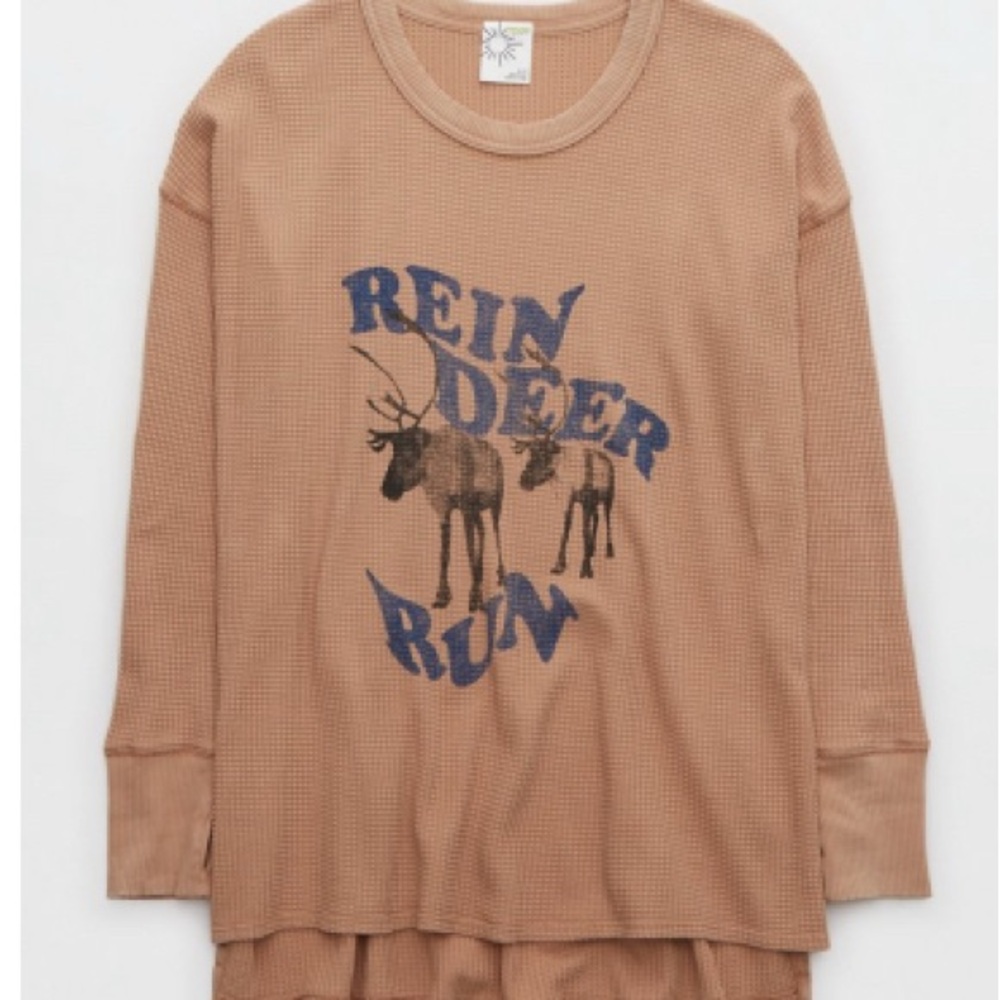 American Eagle Outfitters Brown Long Sleeve Tee with Reindeer Graphic